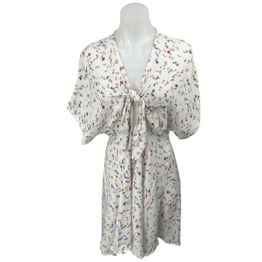 Magali Pascal White Multicolor Floral Short Sleeve Tie Front A Line Mini Dress S